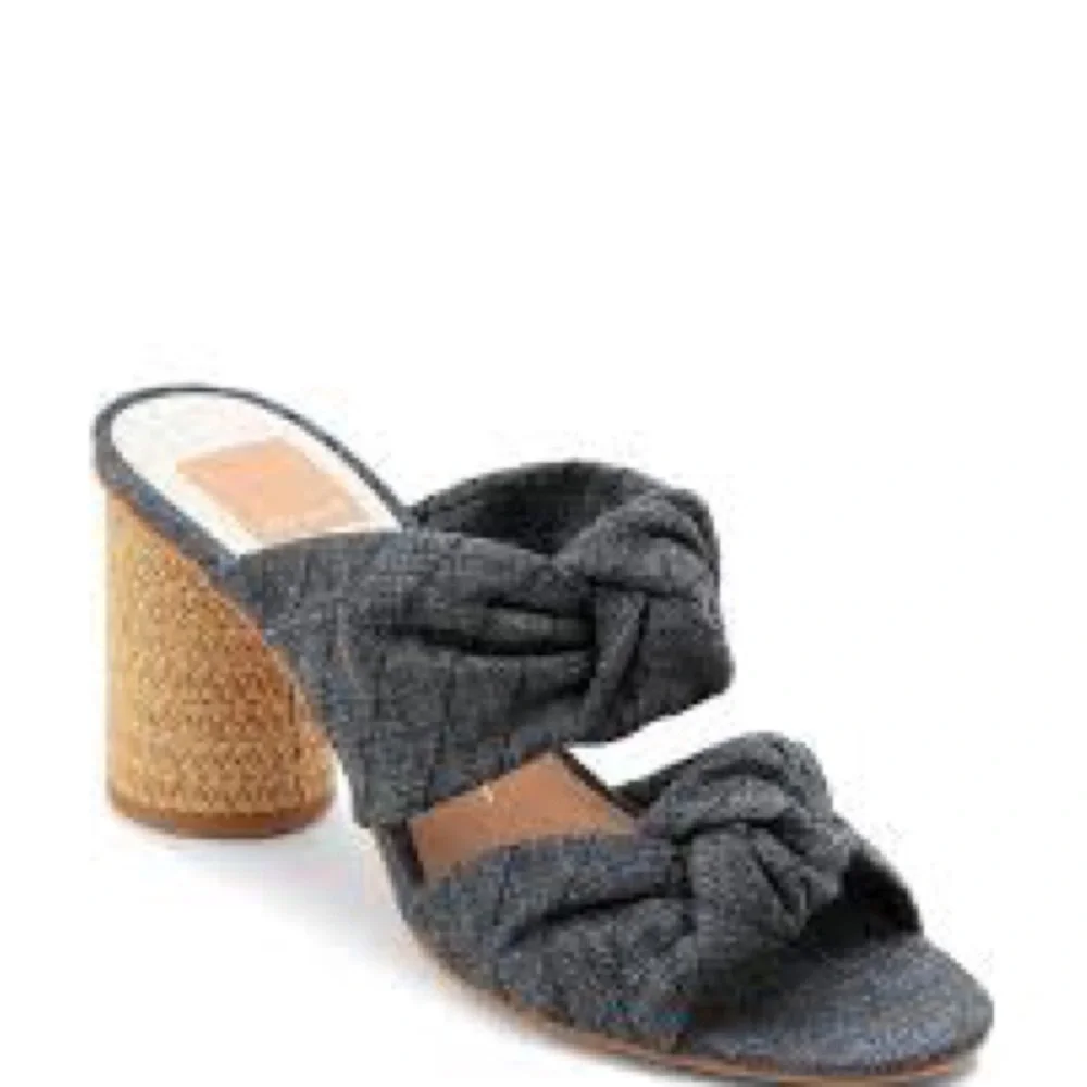 Dolce Vita Black Woven Knot Slide Sandals with Natural Rattan Heel